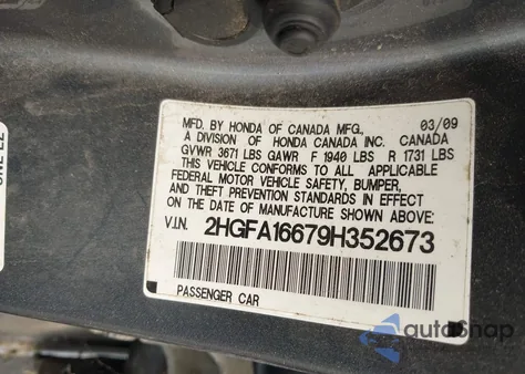 2009 Honda Civic Lx-S from USA, damaged, VIN 2HGFA16679H352673